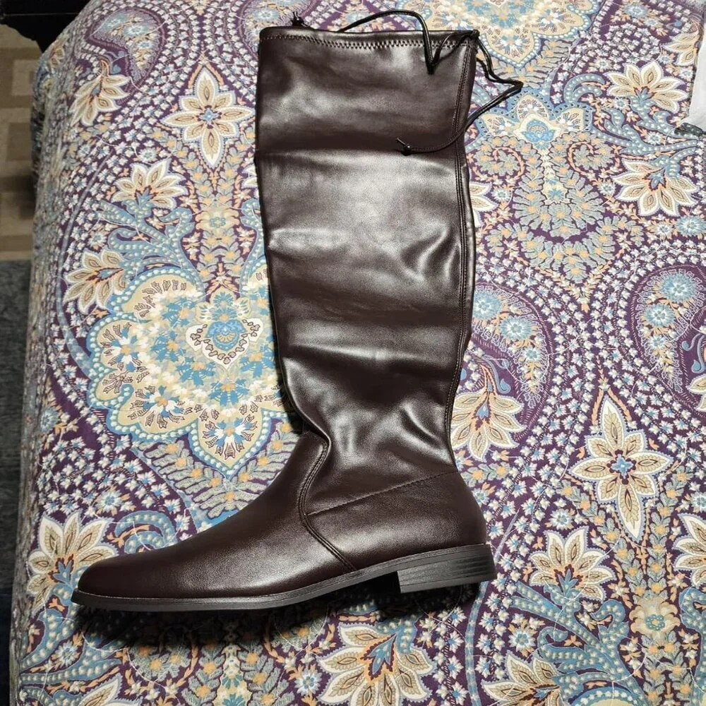 🆕Women's Brown-pu Thigh High Low Block Heel Casual Fashion Over the Knee Boots